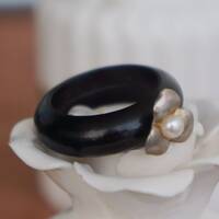 Natural Elements: Fragrant Black Ebony Wooden Ring With 925 Sterling Silver Flower and Freshwater Pearl Ring US size 8 - Thumbnail 5