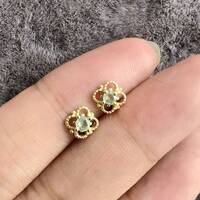 Natural Green Sapphire Earstuds 925 Sterling Silver Stud Earrings Gold Plating Gift for Girl Lady for Woman - Thumbnail 5