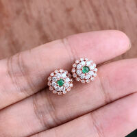 Floral Design CZ Double Halo Natural Emerald Cab Earstuds 925 Sterling Silver Stud Earrings Plated in Pink Gold May Birthstone - Thumbnail 5
