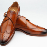 Men's Brown Monk Single Buckle Strap Full Brogue Burnished Toe Leather Shoes - Thumbnail 1