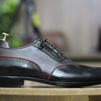 Black Leather Lace Up Handmade Men's Brogue Office Shoes - Thumbnail 1