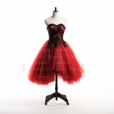 Red and black lace edge applique short length lace up evening dress formal occasion elagant clohing hand made custom w1-2.5