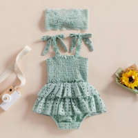 Infant Baby Girls Solid One Piece Ruffled Eyelet Romper and Headband Set, Pink, Beige, White, Sage Green, FREE SHIPPING - Thumbnail 2