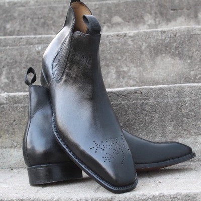 Handmade men black calf leather classic chelsea dress boot