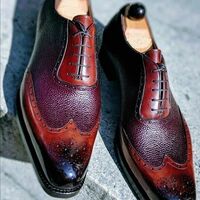 Men's Bespoke Leather Dress Shoes Good Year Welted Brown Two Tone Leather Wingtip Shoes - Thumbnail 2
