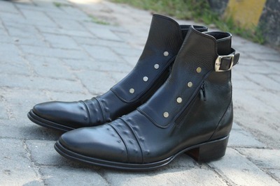 Jo Ghost Black Italian Calf Leather Ankle High Jodhpur Buckle Boot with Zipper and Button