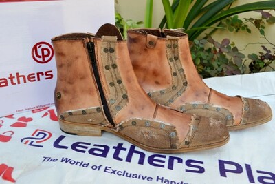 New Remix Dragon Rock Men Cowboy Ankle High Boots Distressed Brown