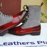 Mens Gray Suede Burgundy Leather Lace up Ankle High Dress Boot - Thumbnail 2