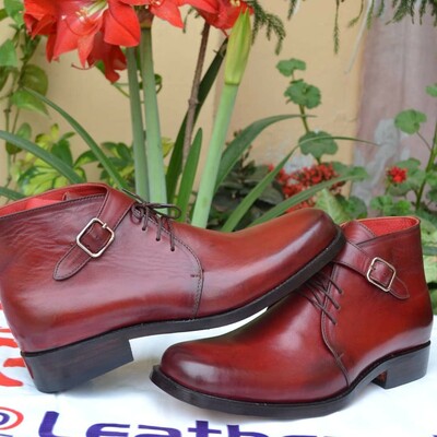 Red single monk strap chukka boot for men - Thumbnail 3