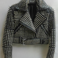 Woman's Silver Spiked Studded Leather Punk Jacket - Thumbnail 2