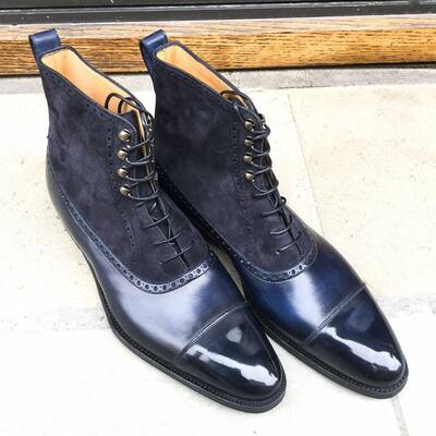Handmade Blue Patina with Navy Suede Ankle High Lace up Boot