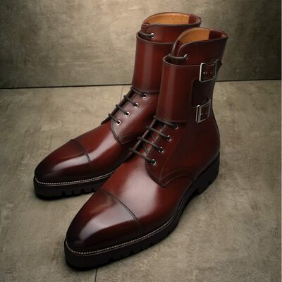 Handmade Men Burgundy Leather Double Buckle Strap Ankle High Lace up Boot