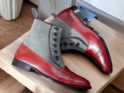 Handmade Ankle High Two Tone Leather Suede Boot, Men's Button Top Boot