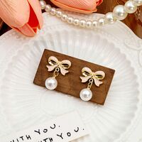Bowknot Shaped Imitation Pearl Pendant Earrings - Thumbnail 2