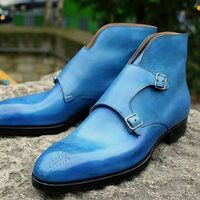 New Men's High Ankle Premium Leather Blue Color Monk Double Buckle Straps Shoes - Thumbnail 4