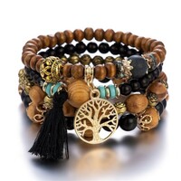 Bohemian style multi-layer bracelet set elastic wood bead bracelets - Thumbnail 5