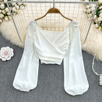 V-neck pleated bubble long sleeved pullover shirt for Women Girls - Thumbnail 1