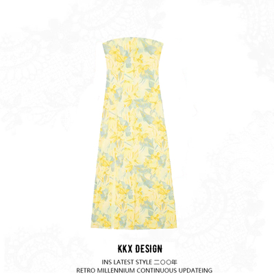Printed tulle fitted tube top dress