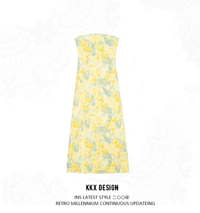 Printed tulle fitted tube top dress