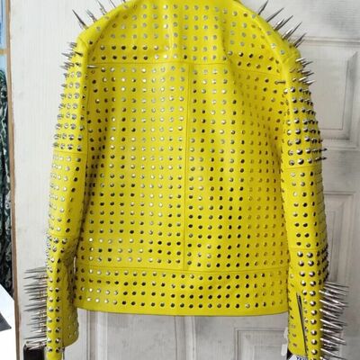 Men brando jacket full yellow punk silver long spiked studded leather jacket - Thumbnail 4