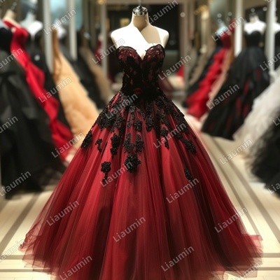 Red and Black Lace Applique Strapless Full Length Tull Prom Dress Evening Dress Custom Hand Made J4-1.7