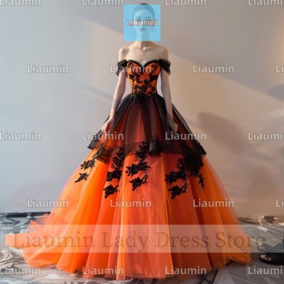 Orange tulle and black lace applique strapless full length tull prom dress evening dress custom hand made a4-10.5