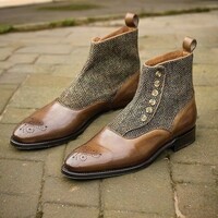 Patina Polishing With Tweed Texture New Edition Handmade Button Boot Formal Handmade Boot - Thumbnail 1