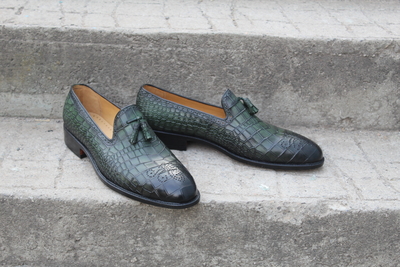 Crafted Leather New Men Handmade Classic Green Crocodile/Alligator Tassel Loafers Shoes
