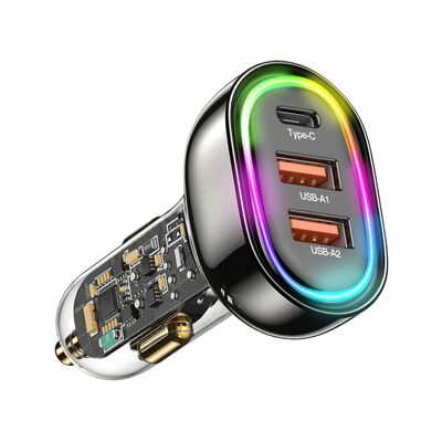 3-Port Fast Charge Car Charger with Colorful Light - 90W, QC3.0, PD3.0, USB-C - Ideal for iOS, Samsung, Goggle Pixel - LT Car Cigarette Lighter-Black