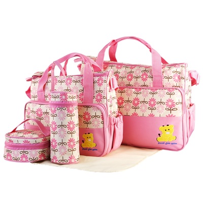 5pcs baby nappy diaper bags set mummy diaper shoulder bags w/ nappy changing pad insulated pockets travel tote bags for mom dad-pink