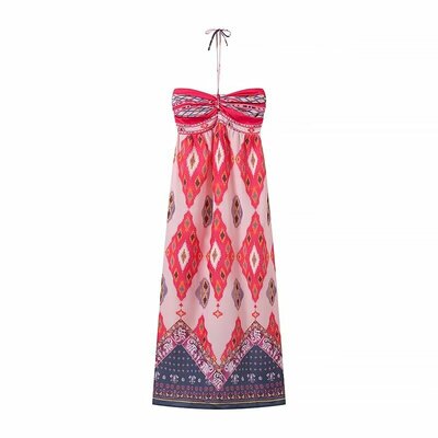 Holiday Style Positioning Print Halter Neck Long Dress