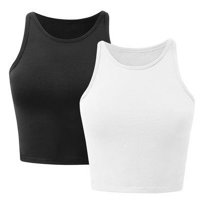 Women Sleeveless Cropped Tank Top High Neck Crop Racer Back Workout Top Machine Washable Summer S M L XL 2XL-Black-2XL