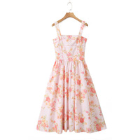 Sexy long holiday style fresh floral print square neck slim dress - Thumbnail 1