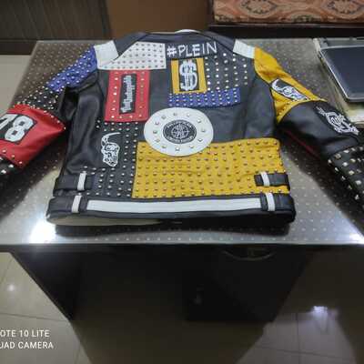 Handmade mono silver studded multicolor philipp plein adorable leather jacket