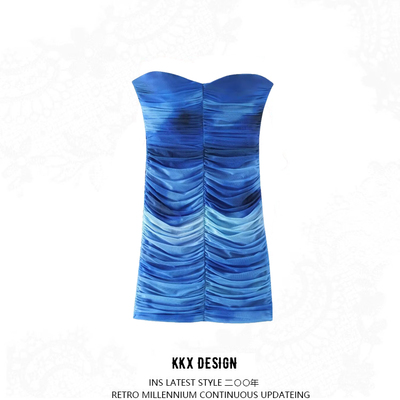 Printed tulle bandeau dress with pleats - Thumbnail 5