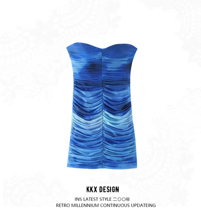 Printed tulle bandeau dress with pleats
