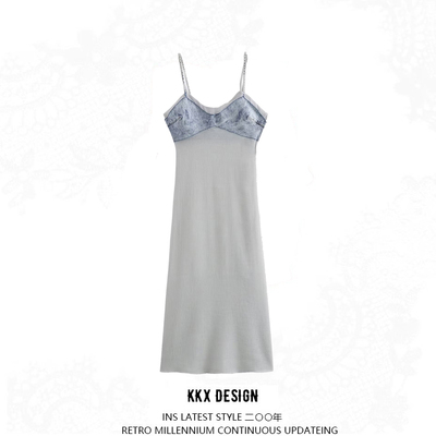 Street fashion spliced ​​midi sling dress - Thumbnail 4