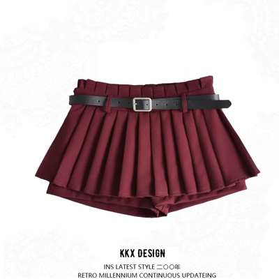 High waist belt skirt a-line pleated skirt