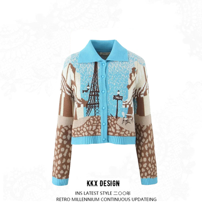 Lapel single breasted long sleeve knit sweater