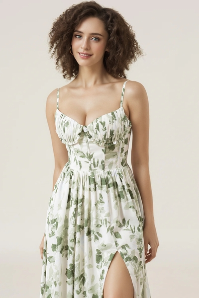 Printed Long Green A-Line Spaghetti Strap Slit Bridesmaid Dress