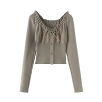 Retro V-neck ruffled long-sleeved sweater - Thumbnail 2