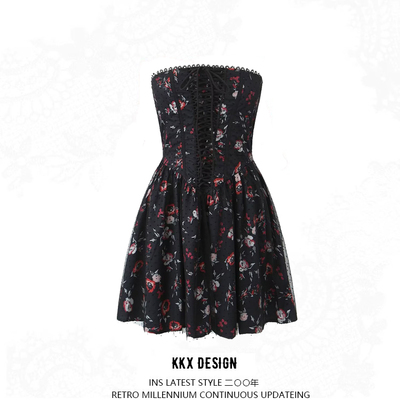Retro first love strapless puffy floral tube dress - Thumbnail 4