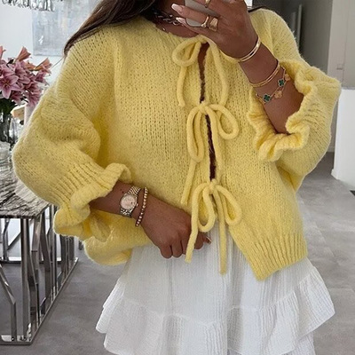 Yellow Lace Up Cardigan