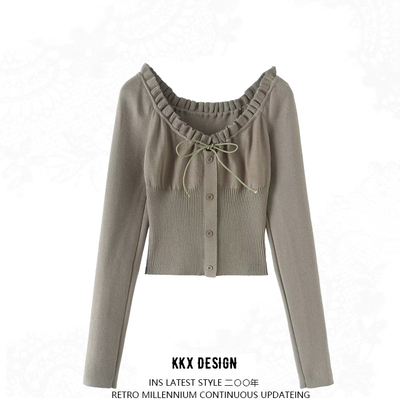 Retro casual ruffled drawstring button waist long sleeve sweater