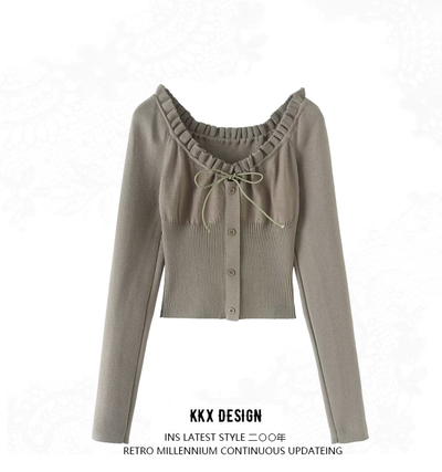 Retro casual ruffled drawstring button waist long sleeve sweater