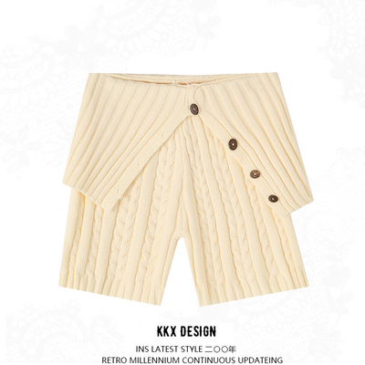 Retro style comfortable slim fit flap waist casual cable knit shorts