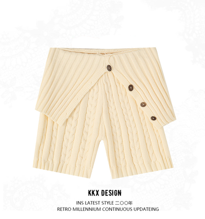 Retro style comfortable slim fit flap waist casual cable knit shorts
