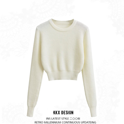 Basic pure stretch slim round neck long sleeve cropped knitted sweater