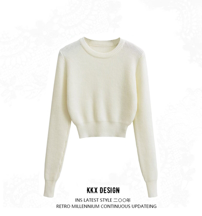 Basic Pure Stretch Slim Round Neck Long Sleeve Cropped Knitted Sweater
