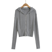Solid color simple version zipper hooded cardigan long sleeve short knit sweater - Thumbnail 1